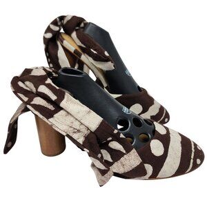 Shekudo Handmade Brown & White Heeled Mules W/ Wrap Ties Size 9.5